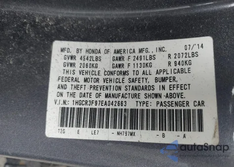 2014 Honda Accord Touring из США, поврежденный, VIN 1HGCR3F97EA042663